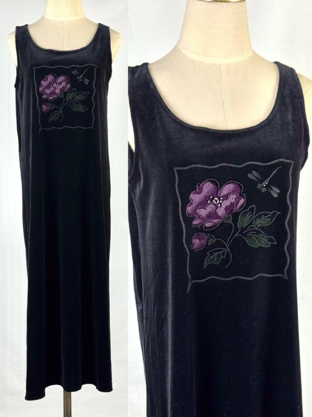 Vtg 90s Black Velvet Sleeveless Maxi Dress Dragonfly Floral Graphic Whimsigoth